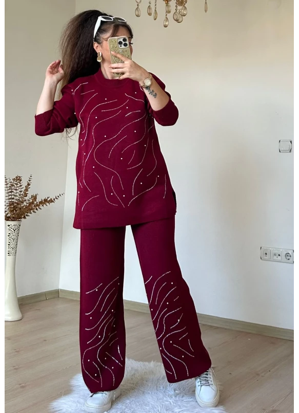 Su Yolu İncılı Taşlı Takım Bordo