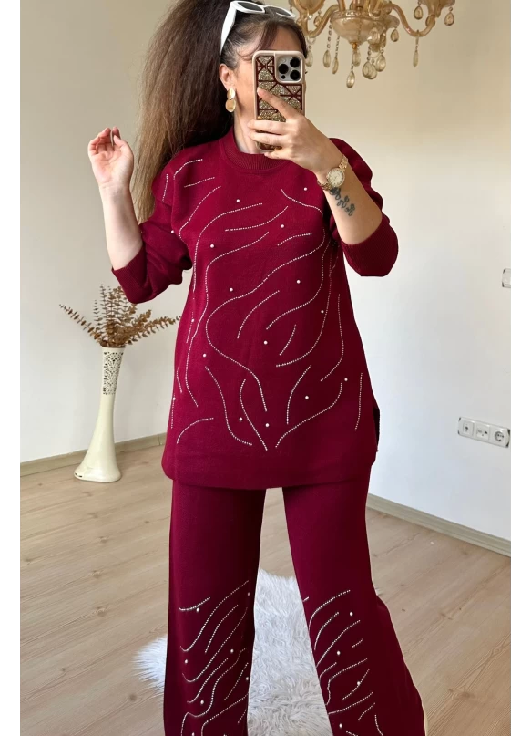 Su Yolu İncılı Taşlı Takım Bordo