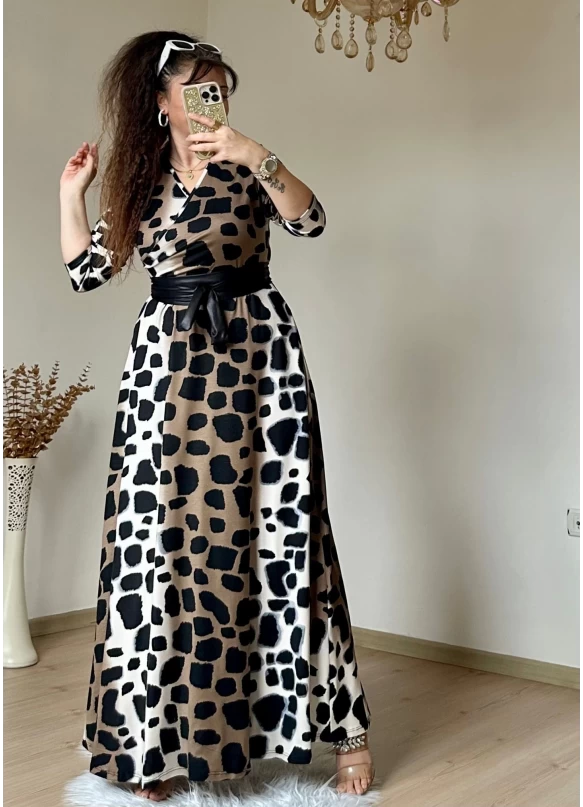 Tam Boy Koyu Leopar Elbise