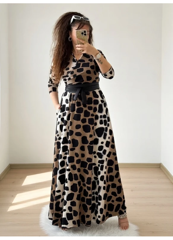 Tam Boy Koyu Leopar Elbise