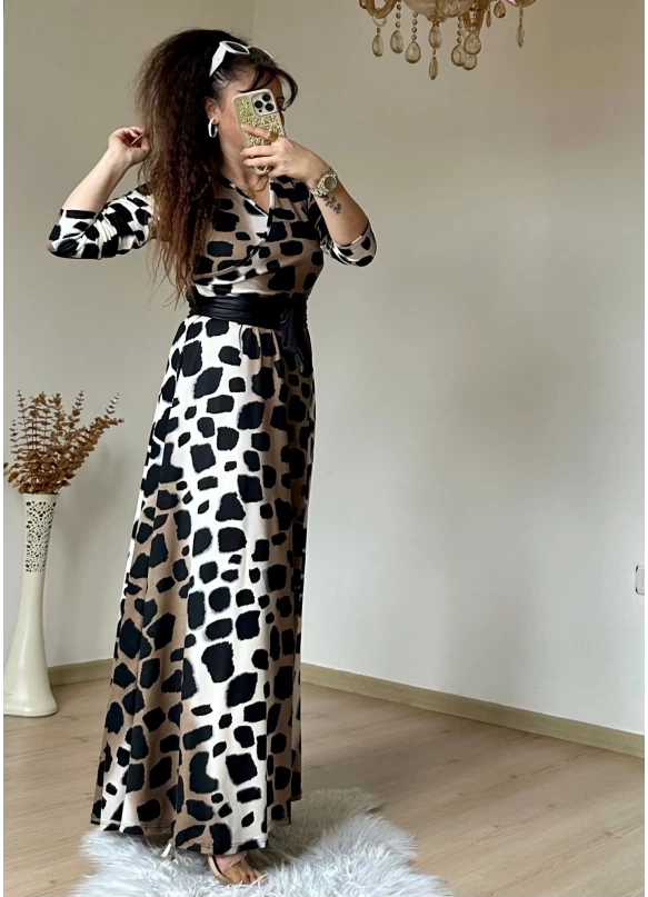 Tam Boy Koyu Leopar Elbise