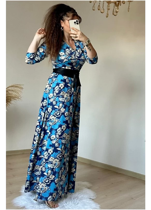 Tam Boy Mavi Çiçek Elbise