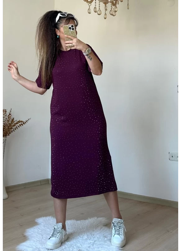 Taşlı Elbise Mürdüm