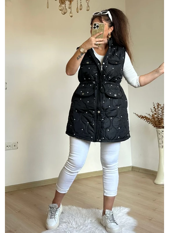 Cep Detay Büzgülü Kapitone Siyah Yelek