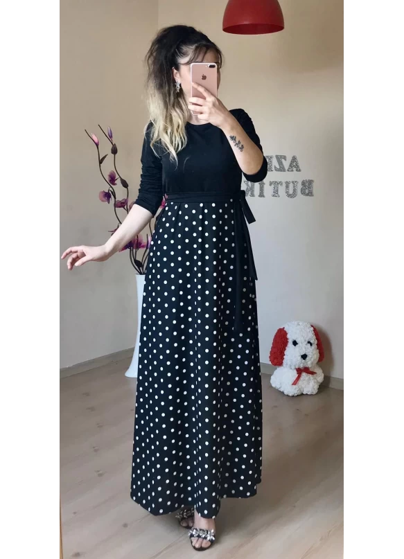 Üst Siyah Alt Puanlı Maxi Boy Penye Elbise