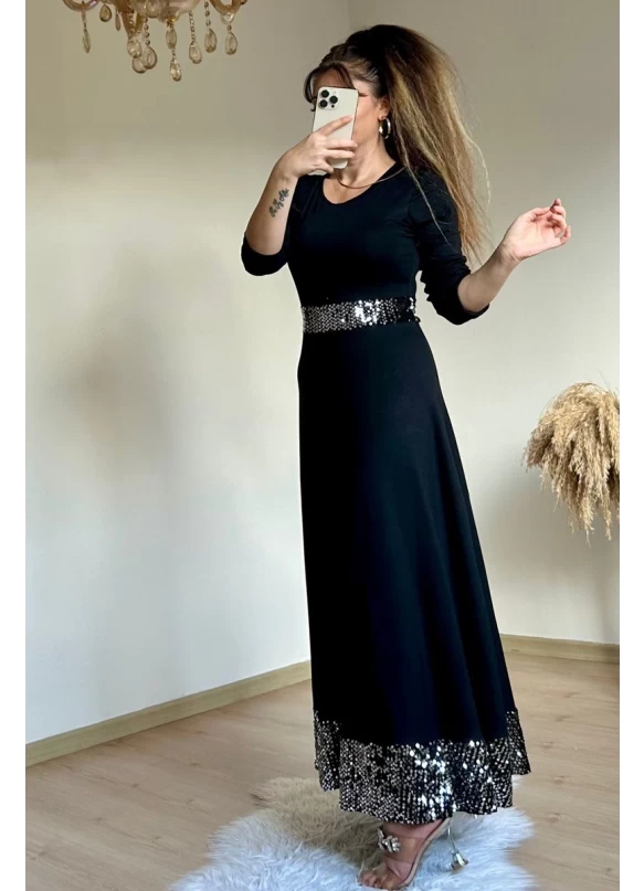 Uzun Bel Ve Etek Ucu Pul Payetlı Elbise