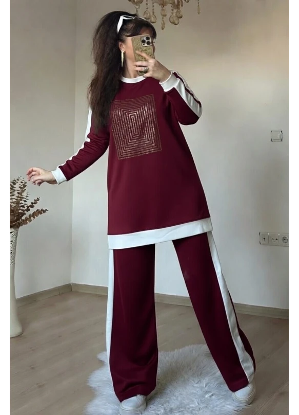 Uzun Kol Ön Kare Taşlı Takım Bordo