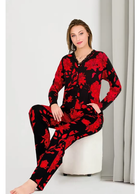 Uzun Kol Onü Düğmeli Kırmızı Çiçekli Bayan Pijama Takımı