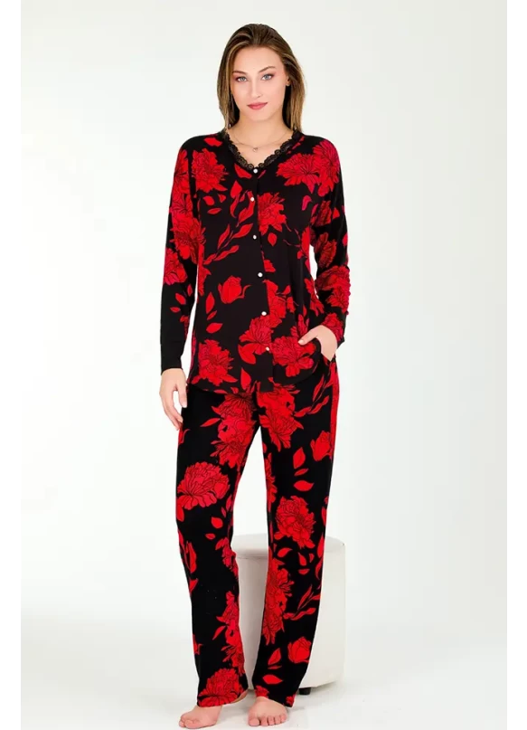 Uzun Kol Onü Düğmeli Kırmızı Çiçekli Bayan Pijama Takımı