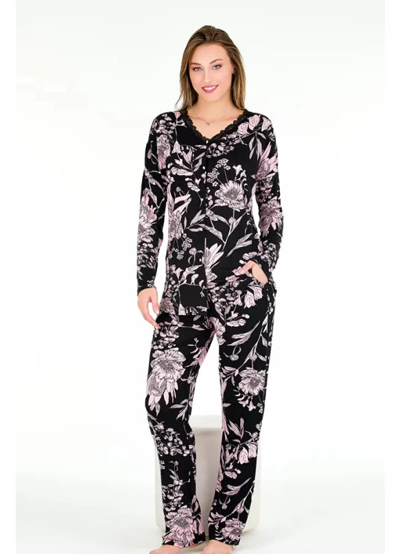 Uzun Kol Onü Düğmeli  Pembe Çiçekli Bayan Pijama Takımı