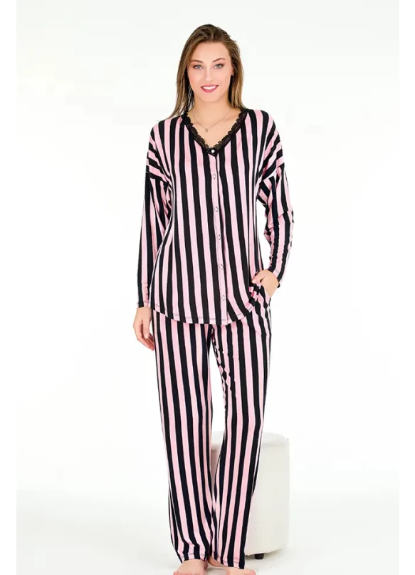 Uzun Kol Onü Düğmeli Pembe Seritli Bayan Pijama Takımı