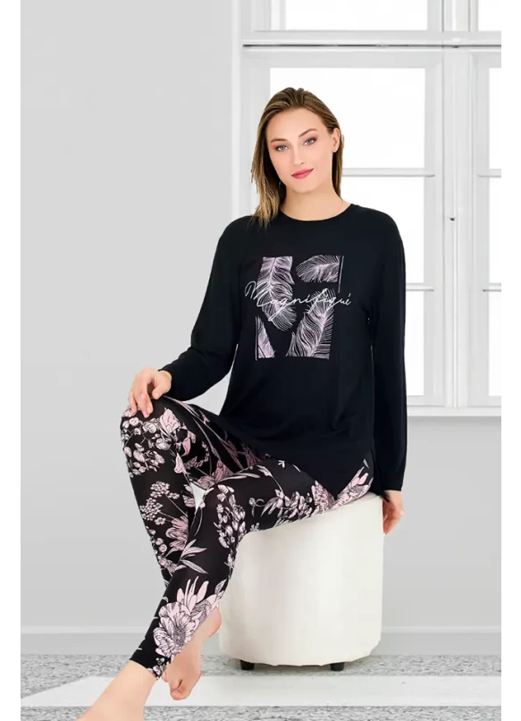 Uzun Kol Pembe Çiçekli Bayan Pijama Takımı