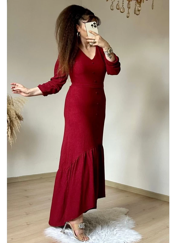 Uzun Kol Romantik Elbise Bordo