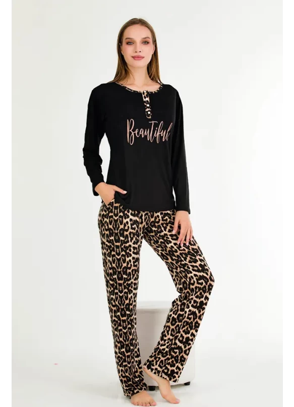 Uzun Kol Yaka Düğmeli Leopar Bayan Pijama Takımı