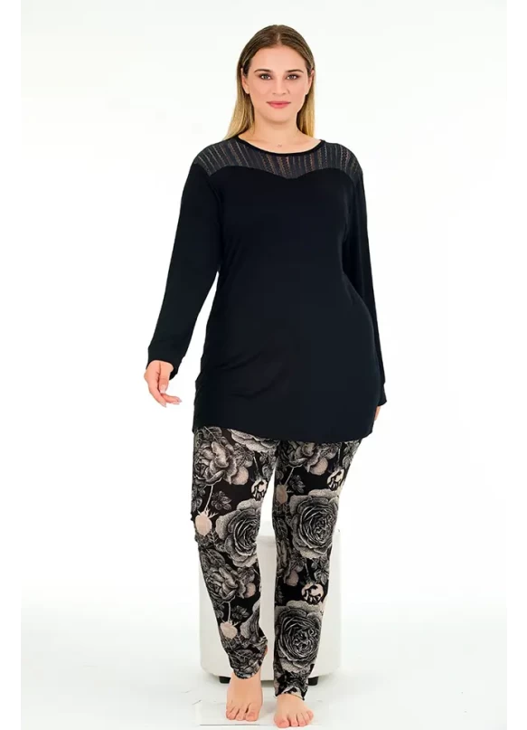 Uzun Kol Yaka Tül Detaylı Büyük Beden Pijama Takımı