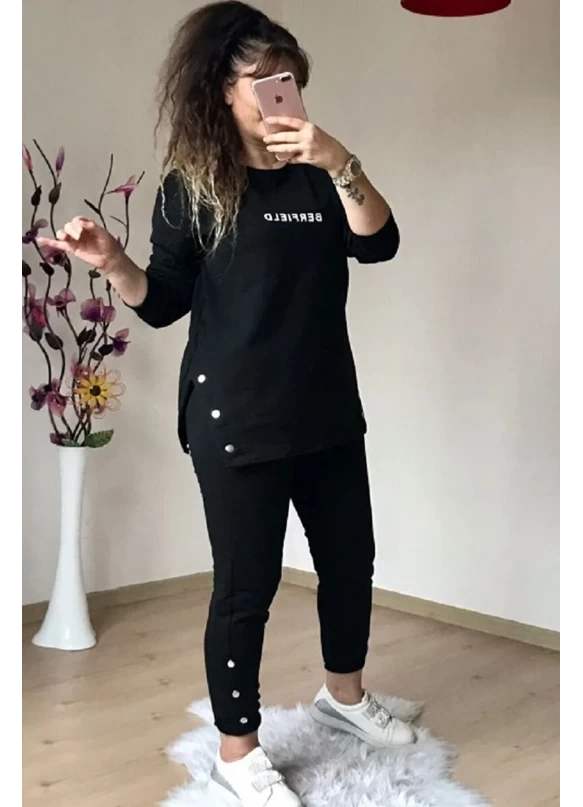 Uzun Kol Yan Çıtçıtlı Siyah Takım