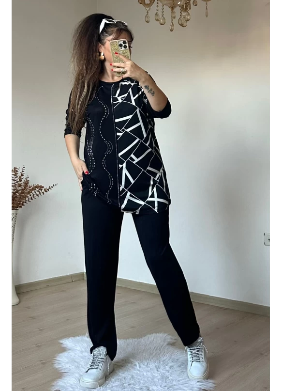 Uzun Kol Yarım Beyaz Geometrik Desenlı Takım