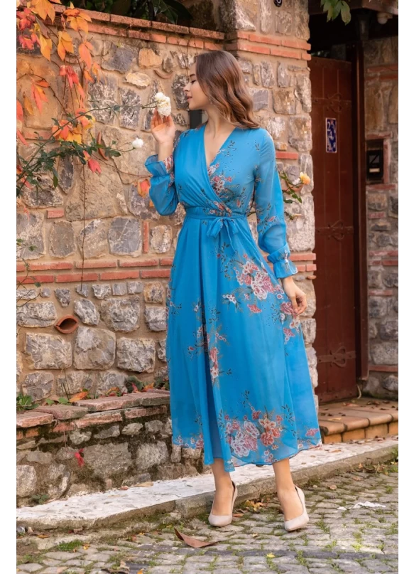 Uzun Sarı çiçekli Şifon Elbise - Mavi