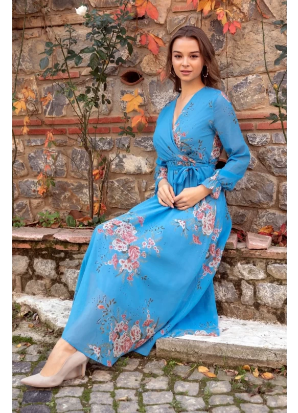 Uzun Sarı çiçekli Şifon Elbise - Mavi