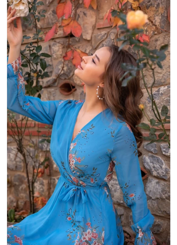Uzun Sarı çiçekli Şifon Elbise - Mavi