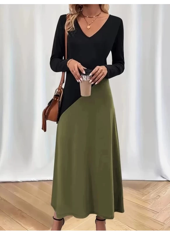 V Yaka Blok Desenlı Elbise Haki