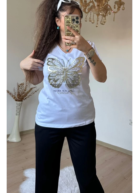 Varak Baskı Kelebek Takım Beyaz