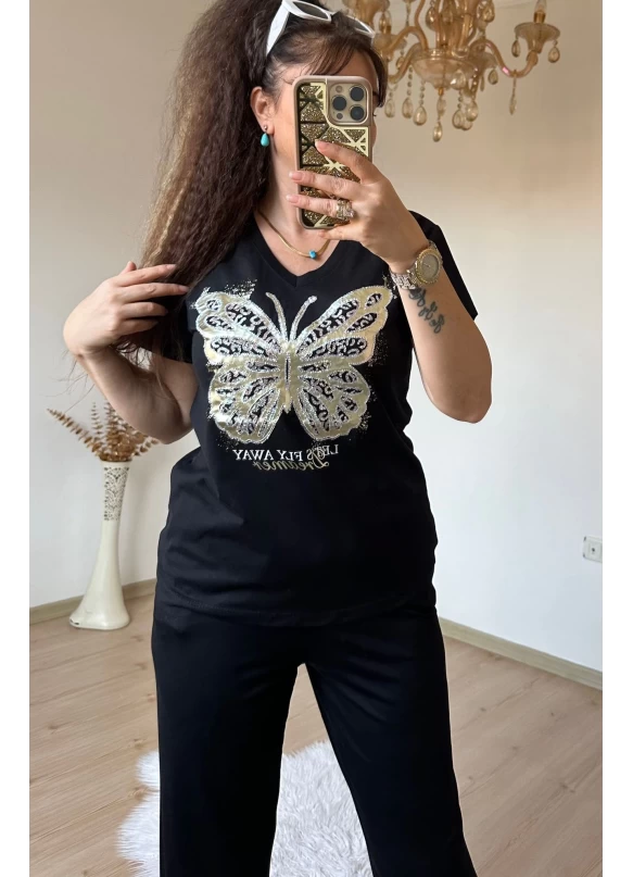 Varak Baskı Kelebek Takım Siyah