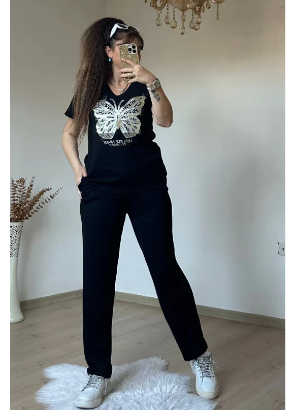 Varak Baskı Kelebek Takım Siyah
