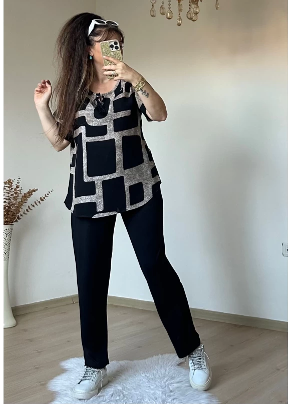 Yaka Bağlamalı Geometrik Desen Takım