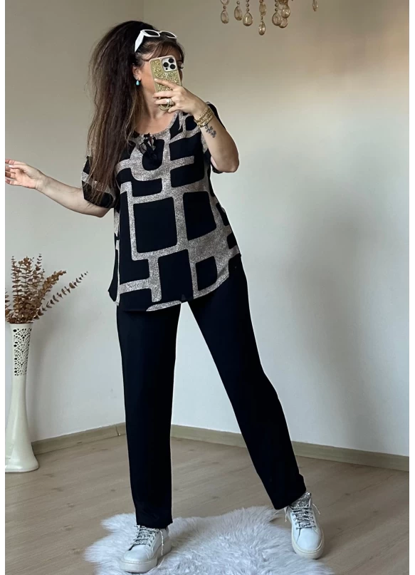Yaka Bağlamalı Geometrik Desen Takım