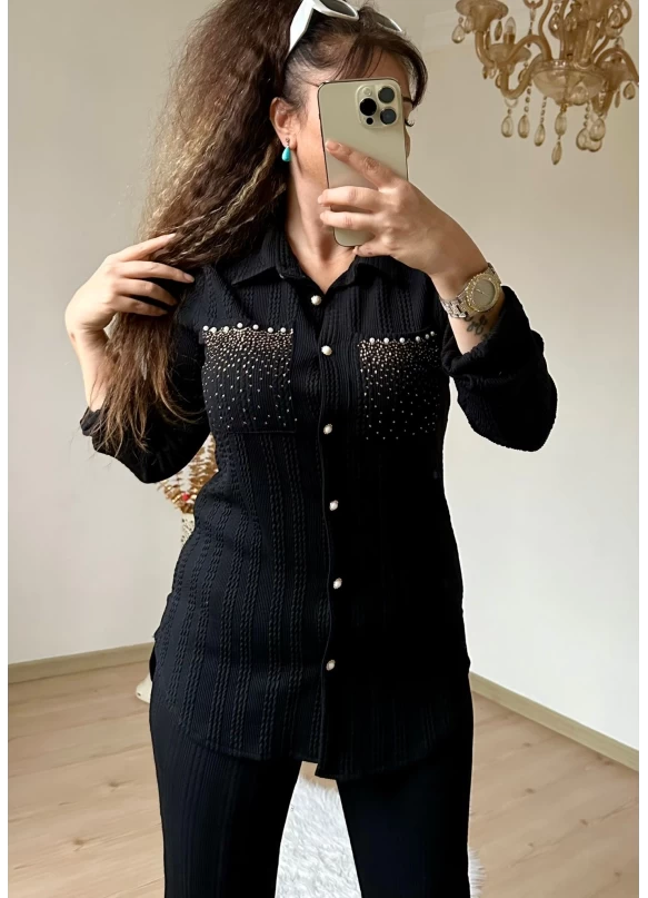 Black Set with Necklace Stone Detailed Cuffs