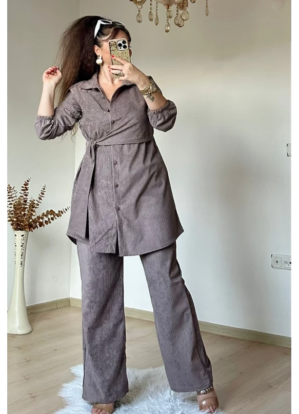 Yan Bağlamalı Fitilli kadife Takım Vizon