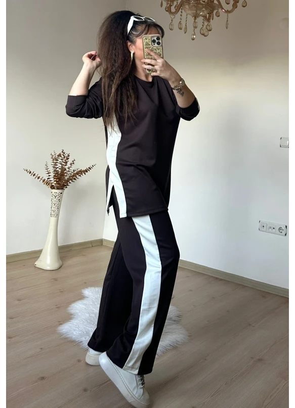 Yan Beyaz Şerıtlı Takım Kahve