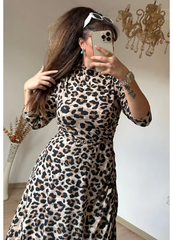 Yan Büzgülü Leopar Elbise
