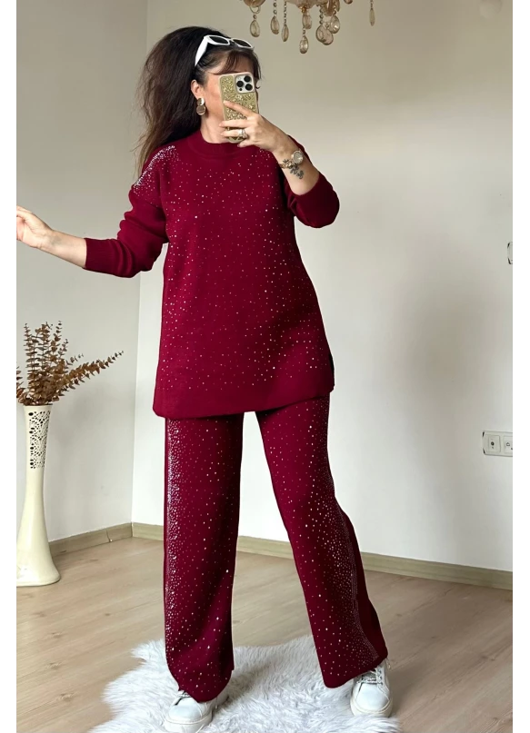 Yan Taşlı Trıko Takım Bordo