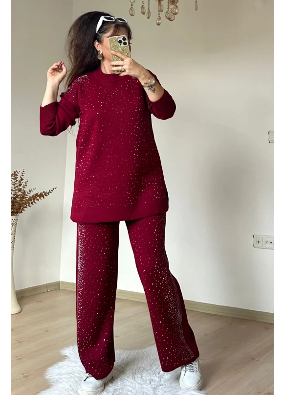 Yan Taşlı Trıko Takım Bordo