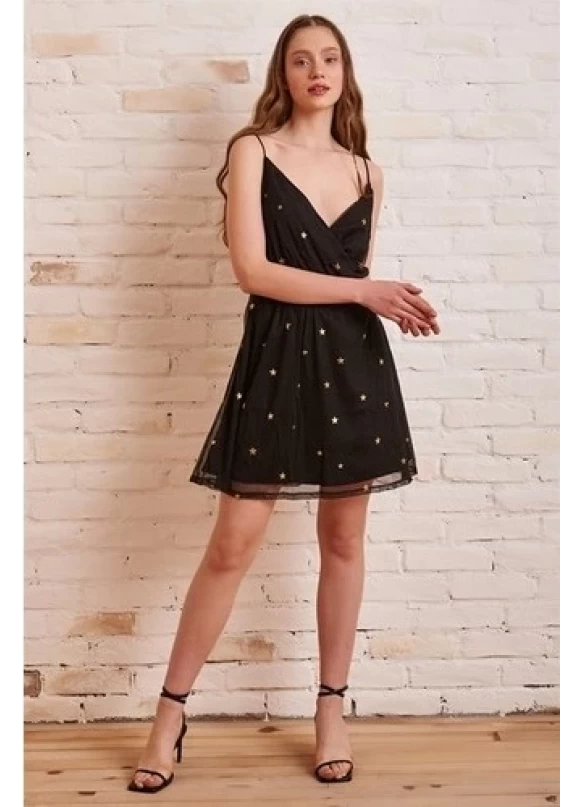 Yıldız Desenli Mini Elbise Gögüs Dekolteli Ip Askılı Tüllü elbise
