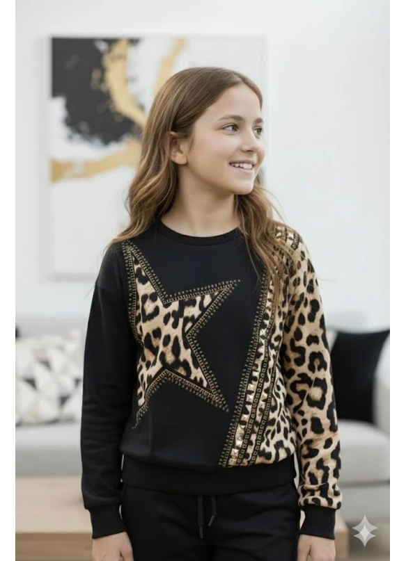 Kız Çocuk Yıldız Baskılı Leopar Desenli Takım