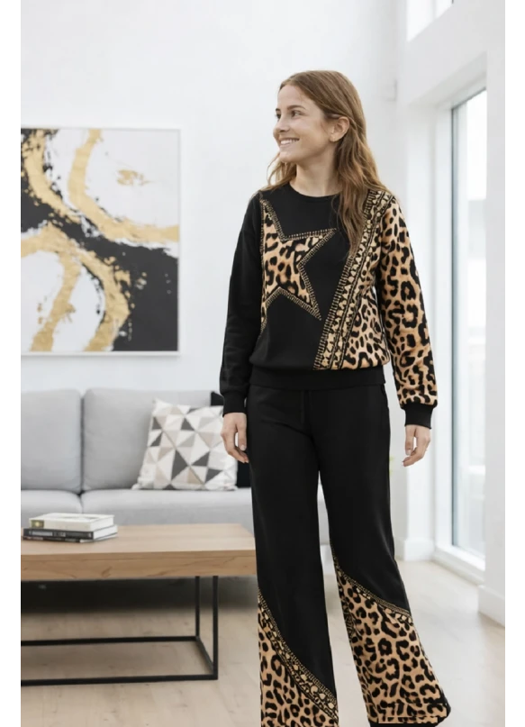 Kız Çocuk Yıldız Baskılı Leopar Desenli Takım