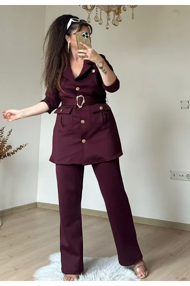Kemerli Gold Dügmelı Takım Bordo