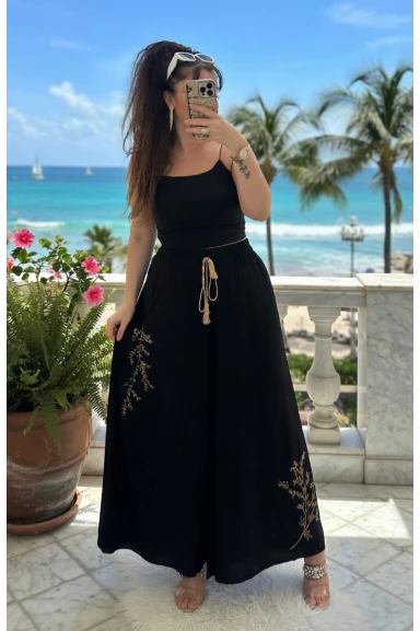 Nakış İşlemeli Pantalon Etek Siyah
