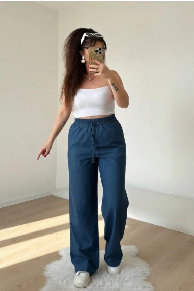 Bel Bağcıklı Lastıklı Kot Pantalon