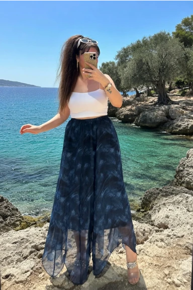 Eteği Çapraz Mavi Desen Şifon Etek