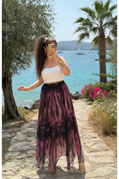 Eteği Çapraz Pembe Desen Şifon Etek