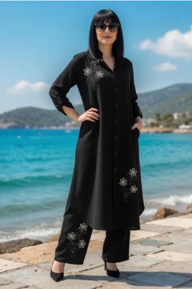 Papatya Nakışlı Takım Siyah