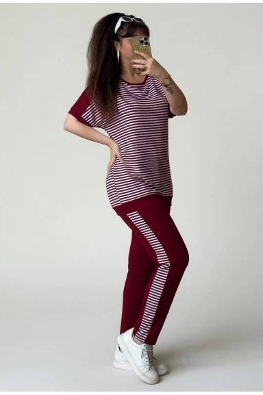 Bisiklet Yaka Çizgili Takım Bordo