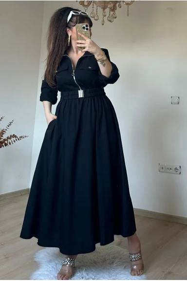 Yaka Cepli Spor Elbıse Siyah