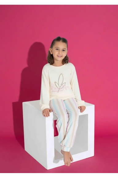 Ekru Çizgi Desen Çocuk Pijama Takımı