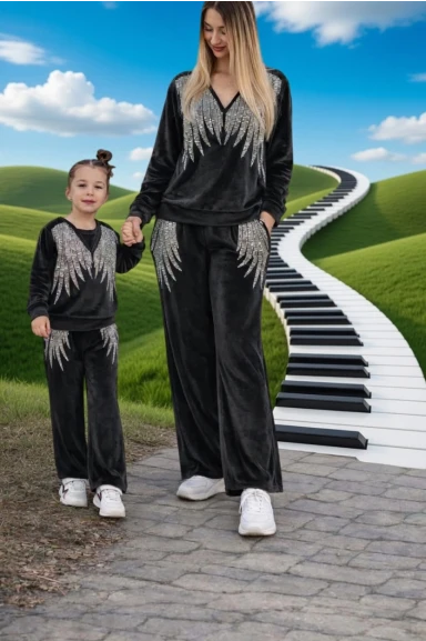 Angel Kadife Taşlı Takım Çocuk Siyah