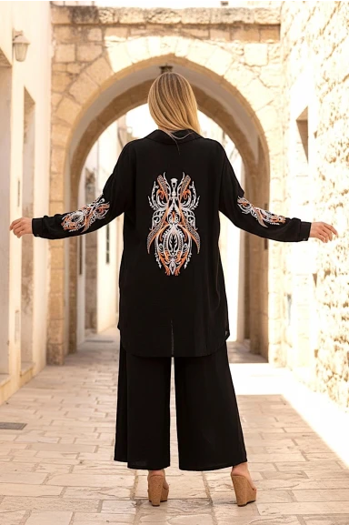 Nakışlı Oversize Pantolon Etek Gomleklı Takım Siyah